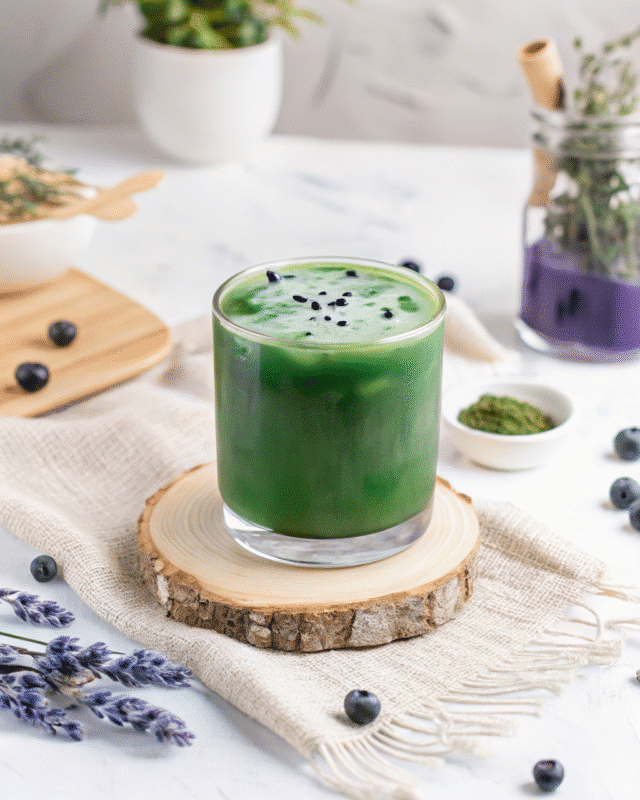 A glass of iced matcha lavender latte topped with black sesame seeds, surrounded by blueberries, dried lavender, and matcha powder on a white surface.