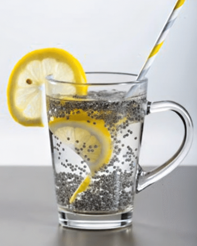 "Refreshing Chia Seed Water with Lemon Garnish and Gel Texture"