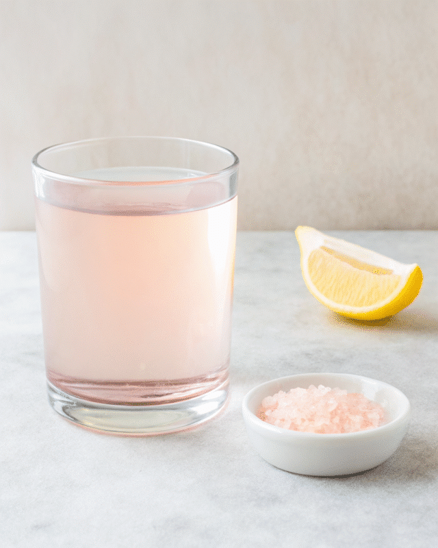 "A refreshing glass of pink salt water with a slice of lemon and a small bowl of Himalayan pink salt."