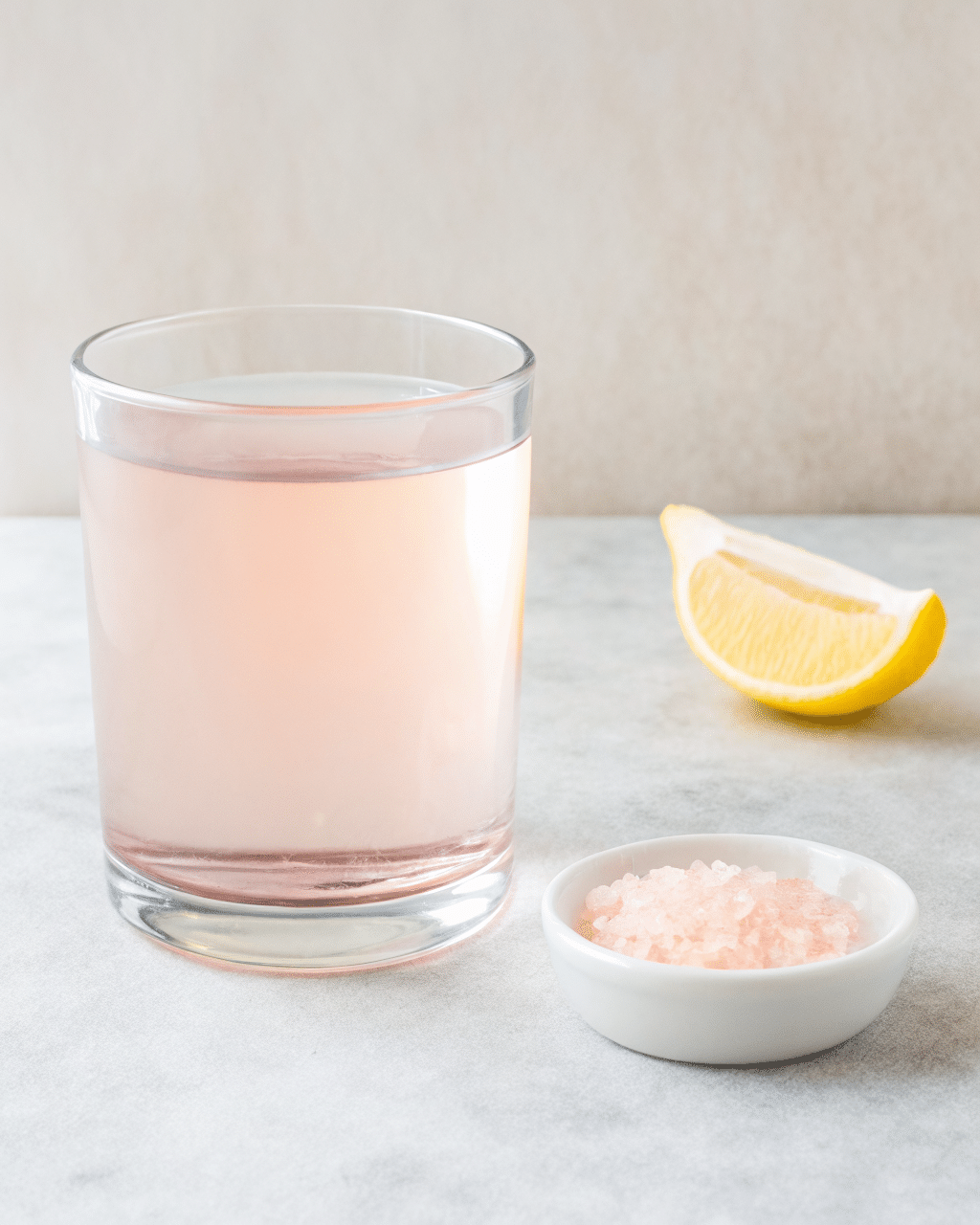 "A refreshing glass of pink salt water with a slice of lemon and a small bowl of Himalayan pink salt."