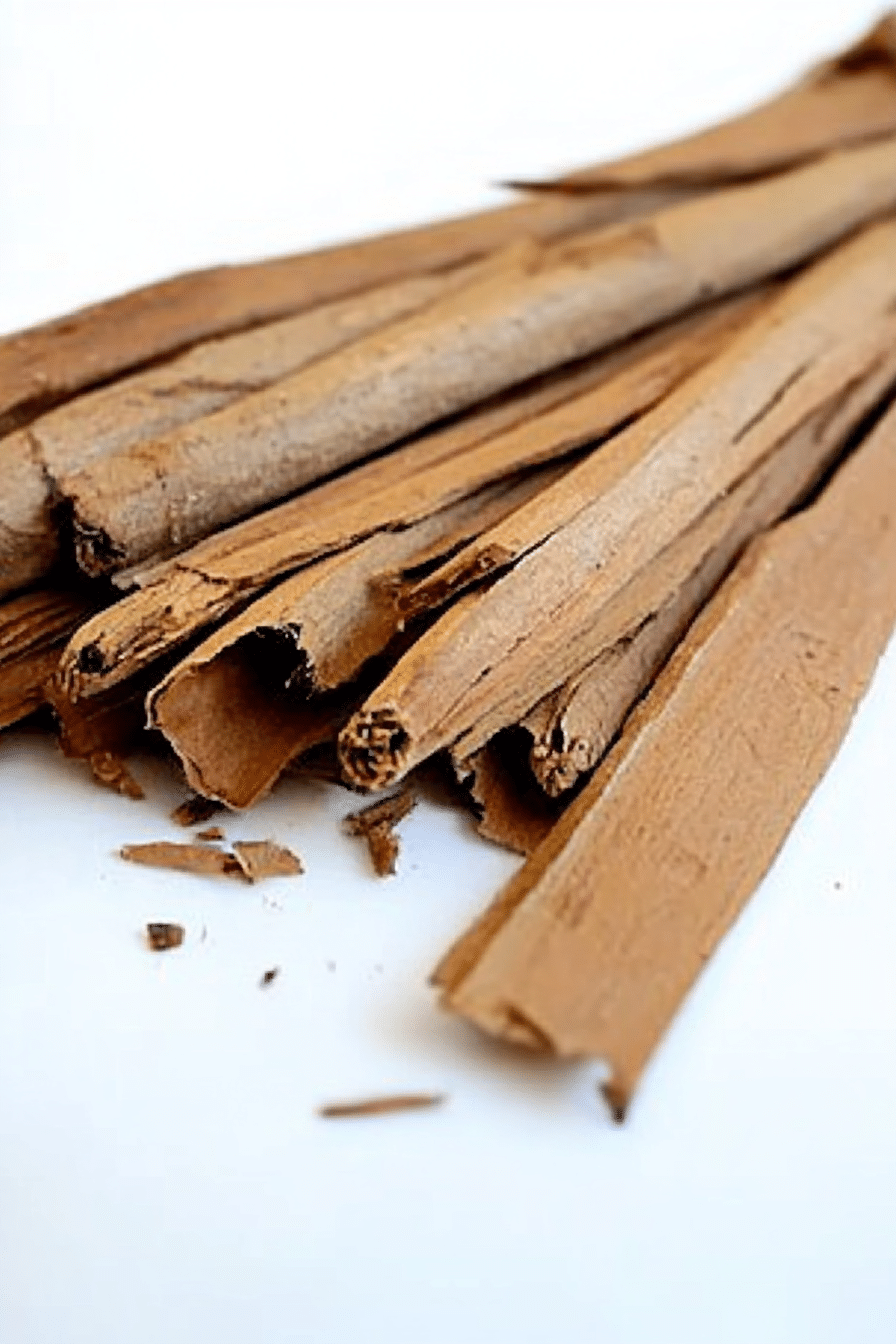 A close-up image of several cinnamon sticks arranged diagonally on a white surface. The sticks have a light brown, textured appearance with visible layers and some small breaks or cracks. There are also a few scattered pieces of broken cinnamon around the main sticks, emphasizing their natural, aromatic quality.