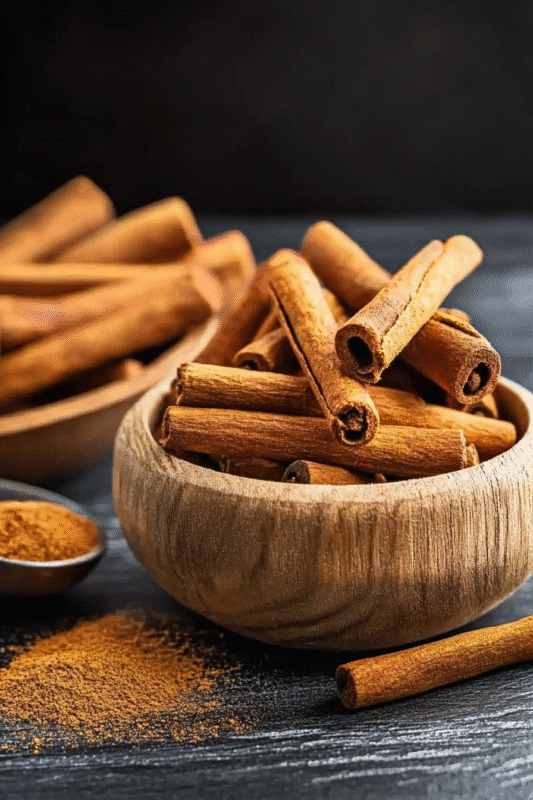 A wooden bowl filled with cinnamon sticks, surrounded by a scattering of ground cinnamon and additional whole cinnamon sticks on a dark surface. The warm tones and rustic presentation evoke a cozy, aromatic atmosphere.