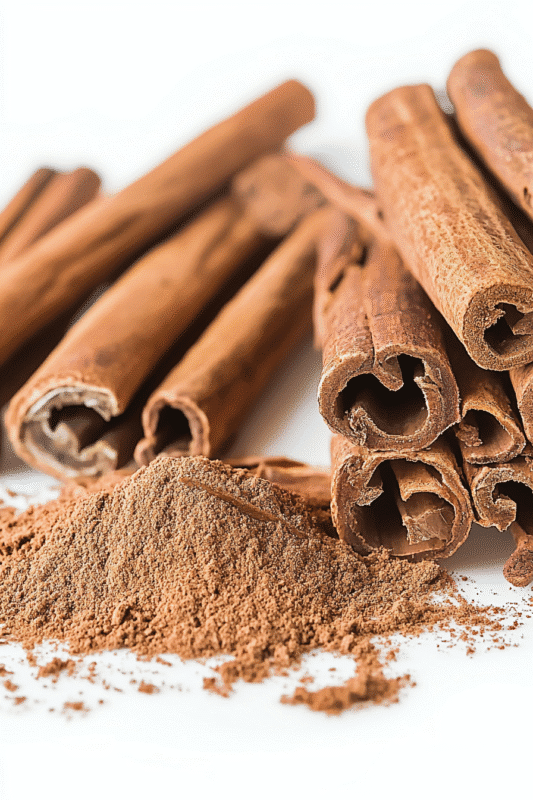 A close-up of **Canela Mexican Cinnamon** sticks and finely ground powder, displayed on a pristine white background. The cinnamon sticks showcase their warm, earthy brown hue and textured layers, while the ground cinnamon adds a rich contrast, highlighting the spice's aromatic and inviting essence.
