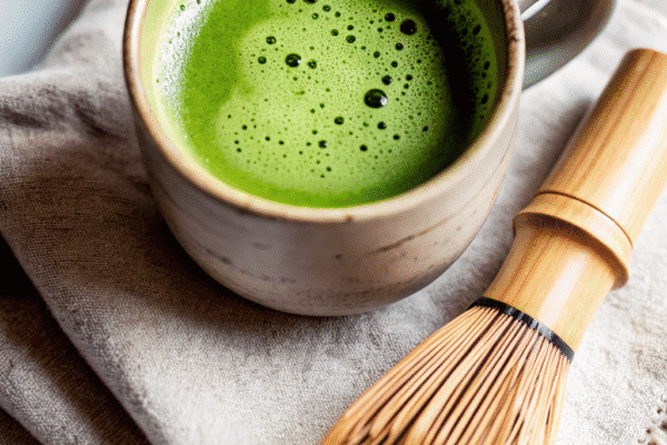"A steaming cup of vibrant green matcha tea with a frothy surface, accompanied by a bamboo whisk resting on a soft, textured cloth."