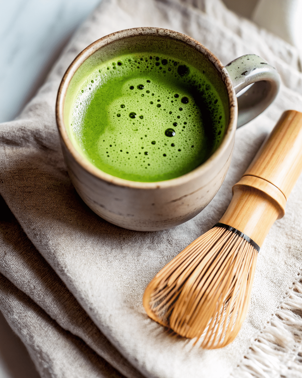 "A steaming cup of vibrant green matcha tea with a frothy surface, accompanied by a bamboo whisk resting on a soft, textured cloth."
