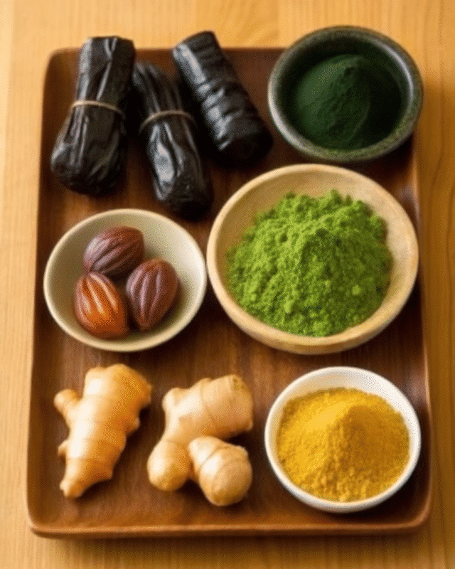 "A wooden tray showcasing the key ingredients for Japanese Mounjaro: matcha powder, umeboshi plums, fresh ginger, turmeric powder, and kombu seaweed."