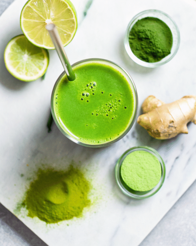 "A vibrant green Japanese Mounjaro drink in a glass with a metal straw, surrounded by fresh ginger and lime slices."