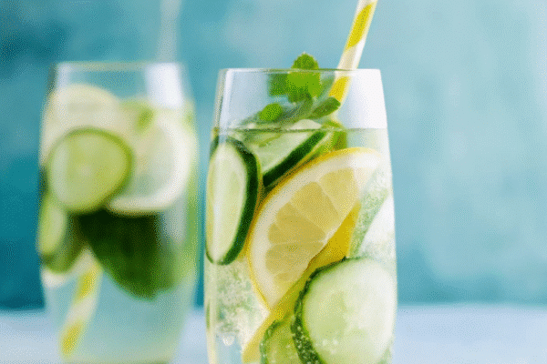 "Refreshing cucumber lemon water in a tall glass with ice, lemon slices, cucumber rounds, and mint leaves, garnished with a striped straw."