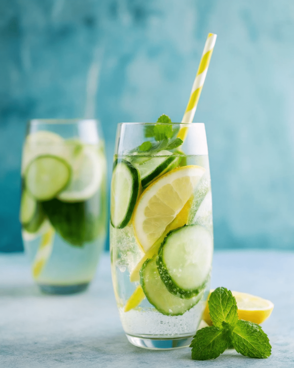 "Refreshing cucumber lemon water in a tall glass with ice, lemon slices, cucumber rounds, and mint leaves, garnished with a striped straw."