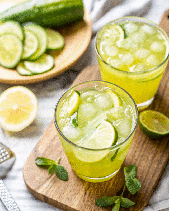 "Refreshing cucumber lemon water in a glass pitcher filled with thinly sliced cucumbers, lemons, and mint leaves, served over ice."