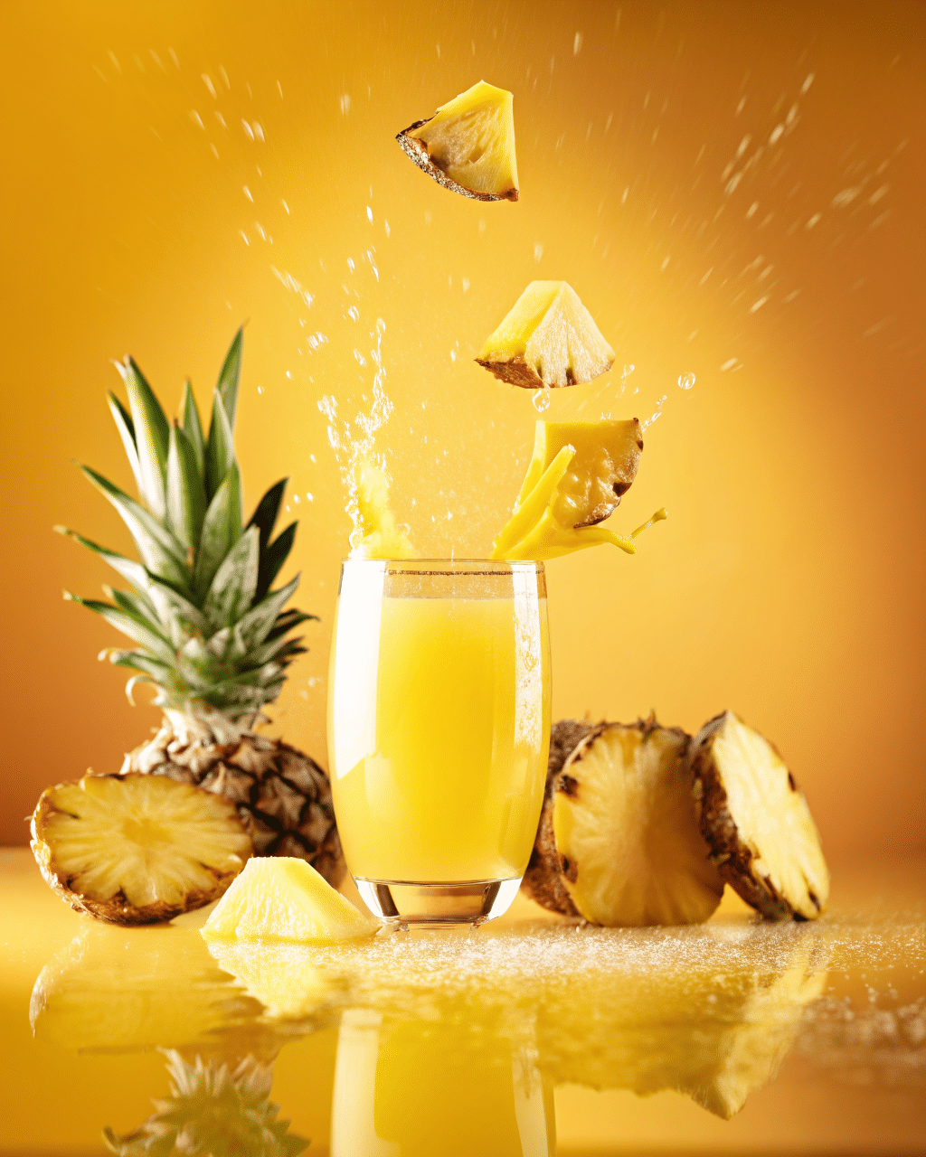 Fresh pineapple ginger juice splashing in a glass with pineapple slices and a whole pineapple on a vibrant yellow background.