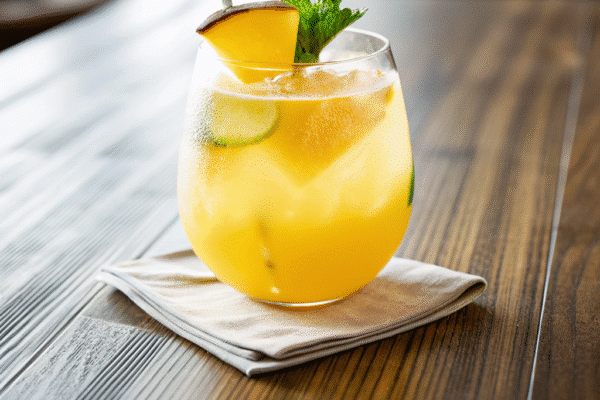 A refreshing glass of pineapple ginger juice, garnished with a slice of pineapple and lime, served on a wooden table.