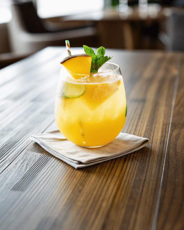 A refreshing glass of pineapple ginger juice, garnished with a slice of pineapple and lime, served on a wooden table.